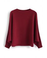 Boat Neck Batwing Sleeves Crop Knit Top in Red