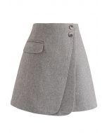 Double Flap Wool-Blend Mini Skirt in Grey
